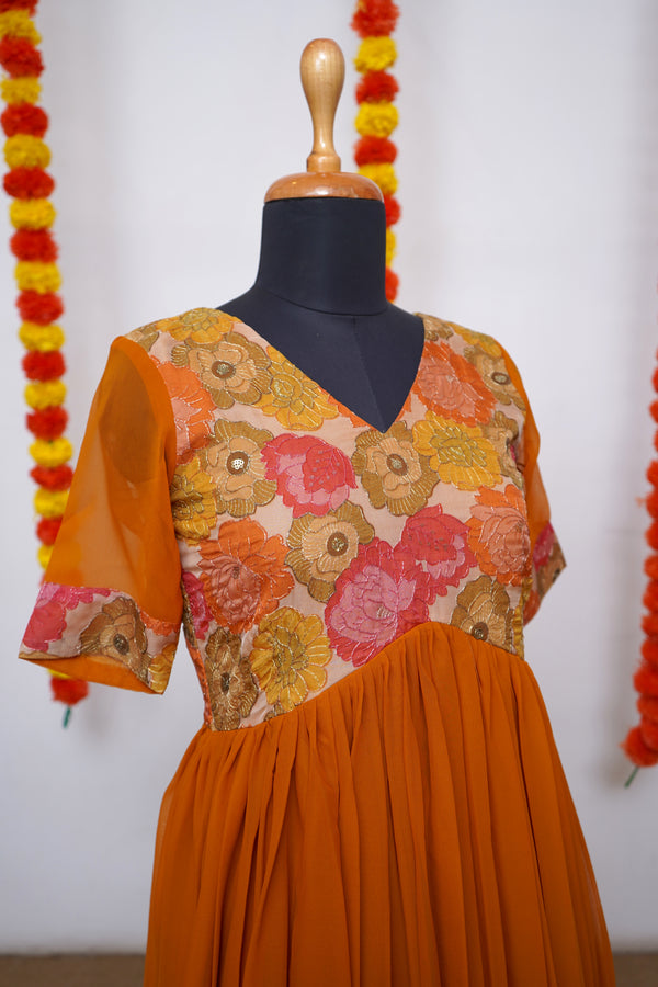 Mustard Yellow Georgette With Printed Organza Mom Dress