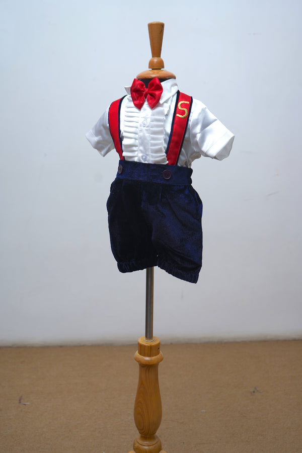 Pleated White Cotton Shirt With Uniform Blue Suspender Shorts