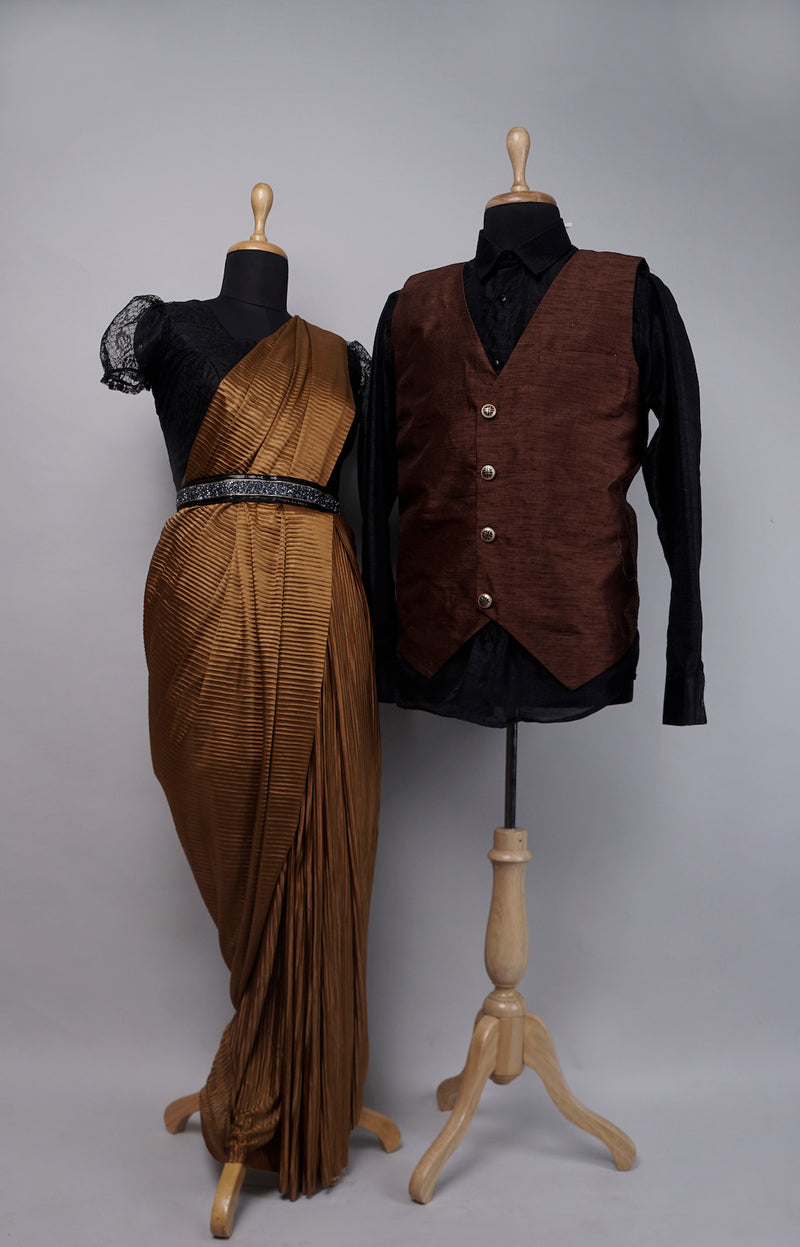 Brown Foil Pleated saree With Raw Silk Waist Coat Couple Clothing