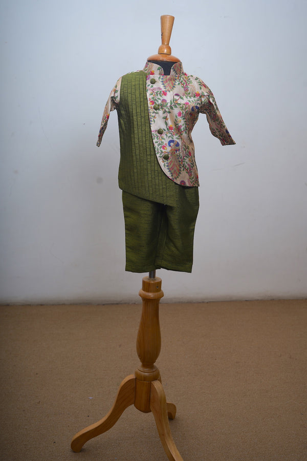 Half White Printed Tussar With Olive Green Raw Silk Kid Suit