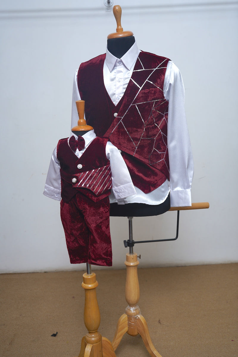 Red Wine Velvet Waist Coat Set With Silver Foil Dad Son Combo