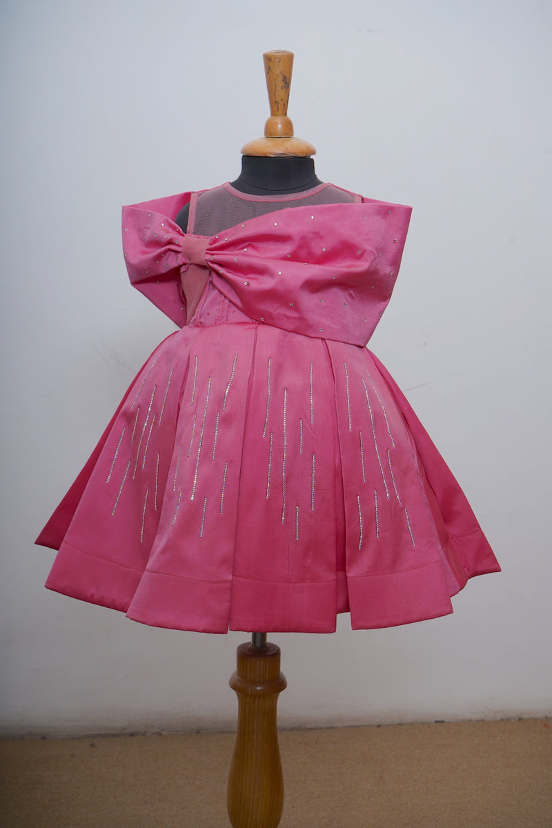 Pink Bow Baby Dress With Silver Stones