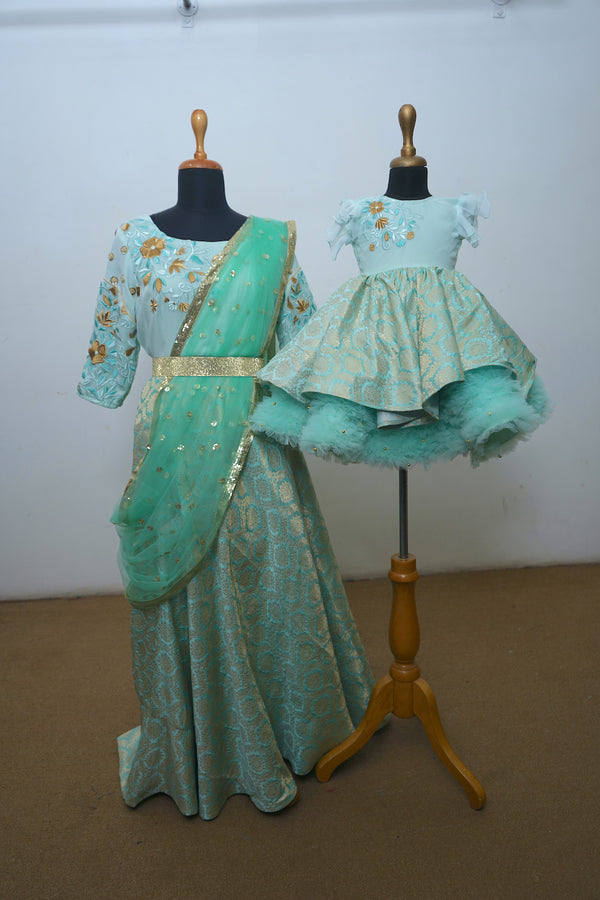 Mint Green Raw Silk With Brocade Mom Daughter Combo