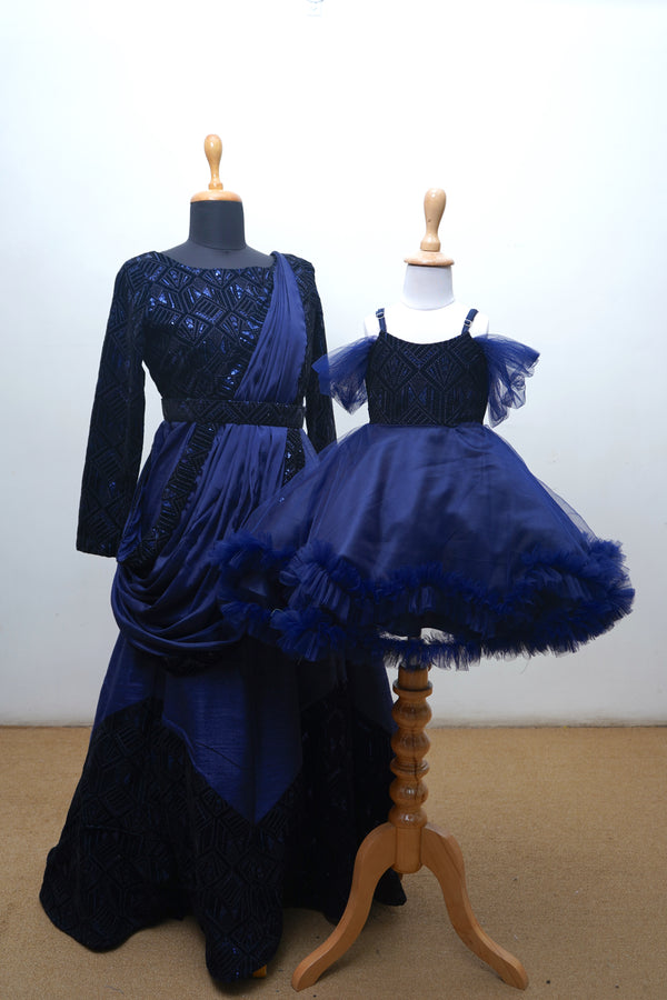 Royal Blue With Fancy Velvet And Net Frills Mom daughter Combo