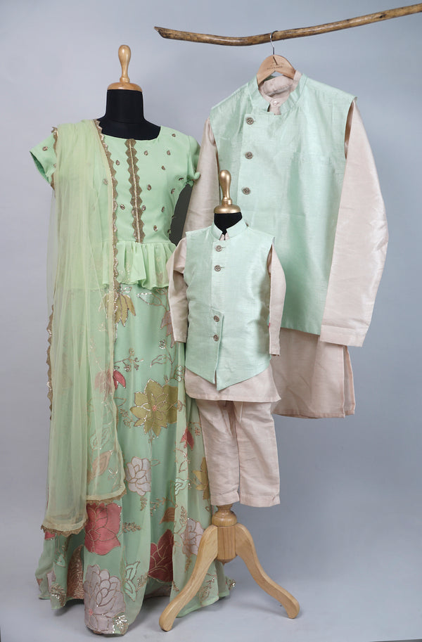 Mint Printed Georgette With Raw Silk Family Combo