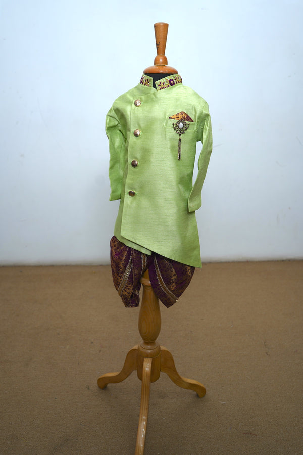 Grass Green Asymmetric Kurta With Panchakacham For Kid