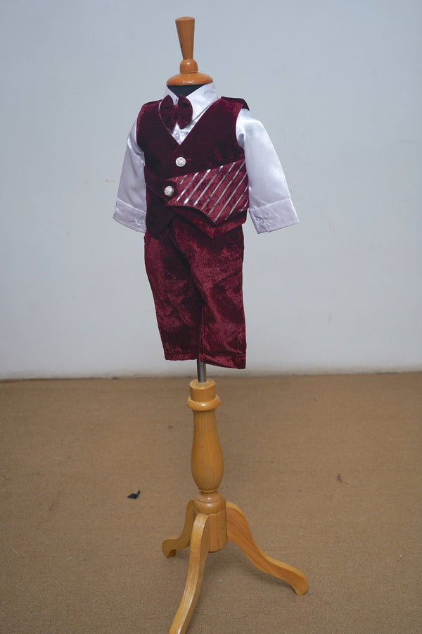 Red Wine Velvet Kid Waist Coat set With Silver Foil