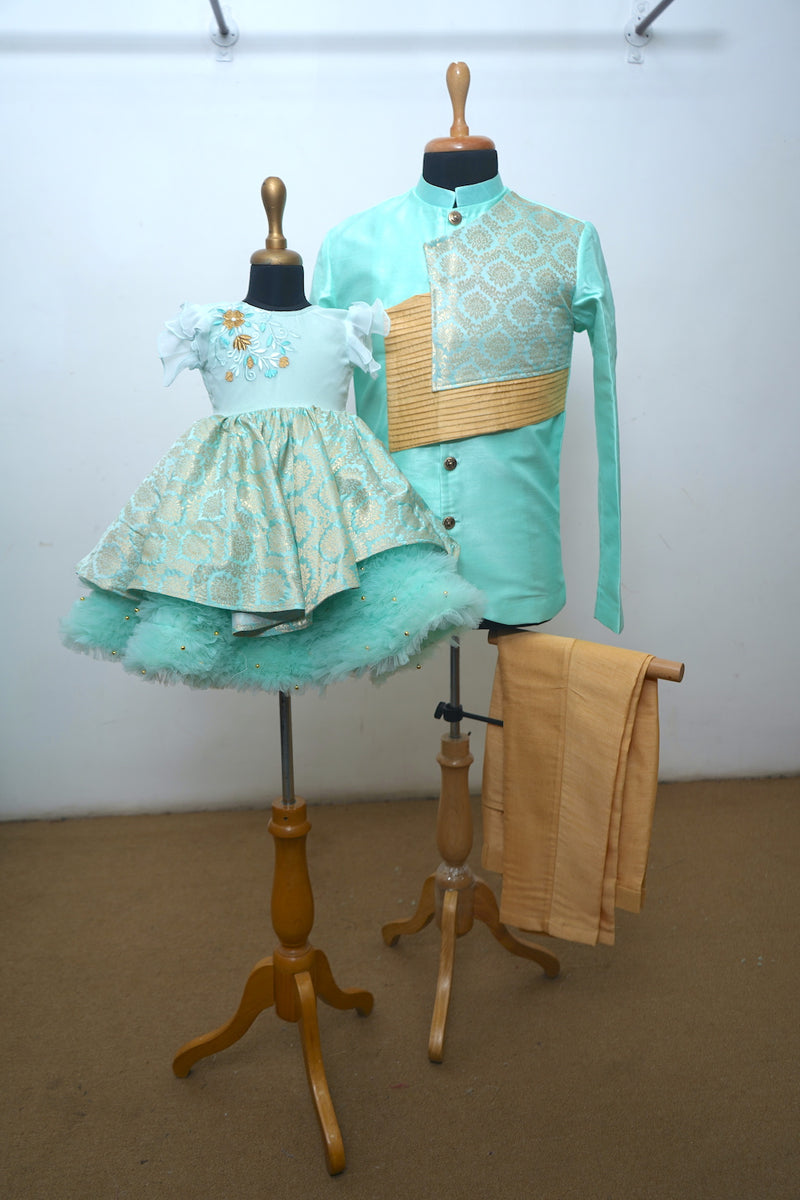 Mint Green Raw Silk With Brocade Dad Daughter Combo