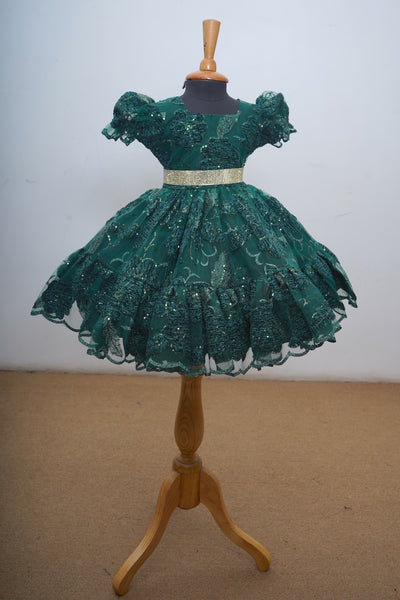 Dark Green Fancy Net With Golden Belt Baby Ball Gown