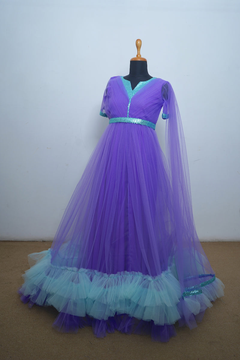 Lavender With Sea Blue Net Mom Dress