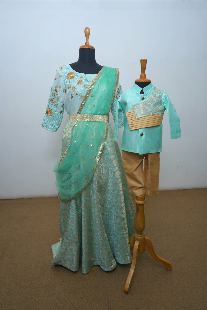 Mint Green Raw Silk With Brocade Mom Son Combo