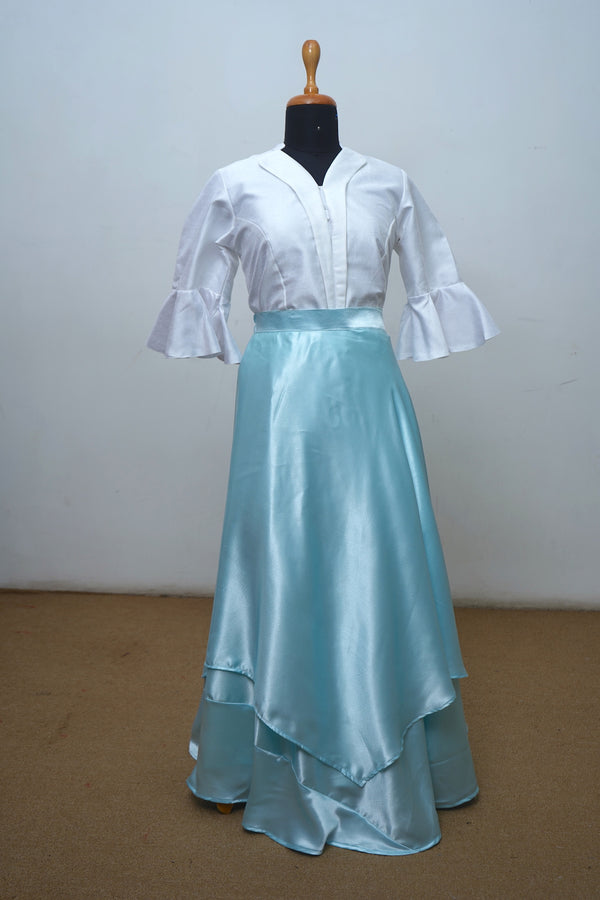 Sea Blue With White Satin Indo Western Mom Dress
