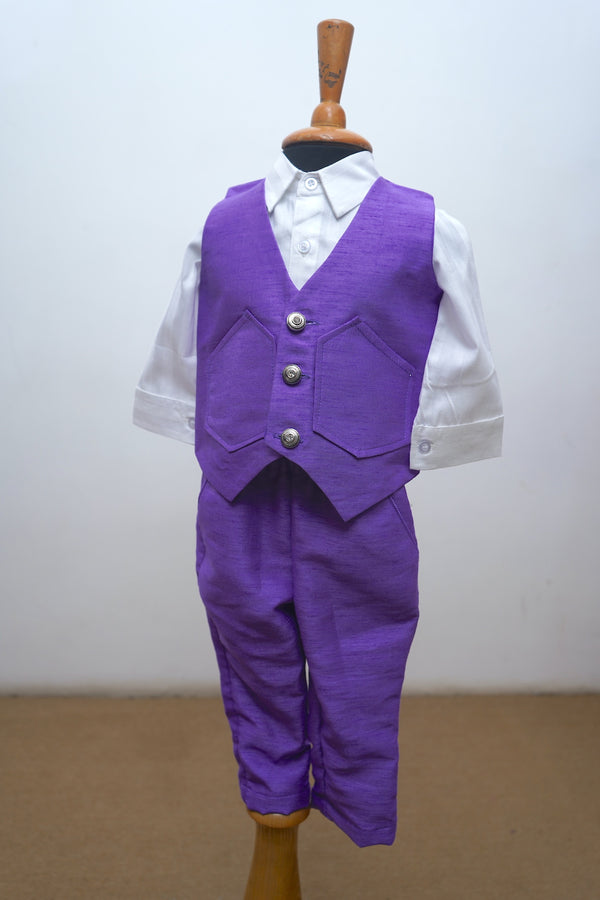 Violet Raw Silk Waist Coat Set For Boy