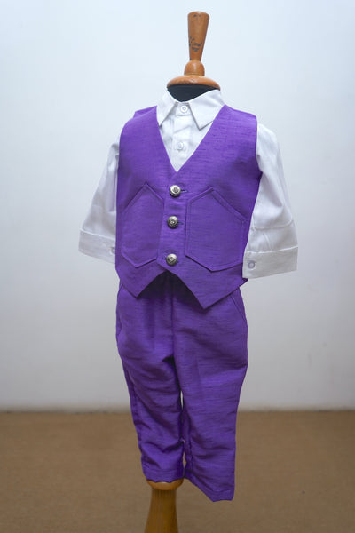Violet Raw Silk Waist Coat Set For Boy