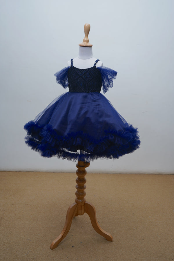 Royal Blue Ball Gown With Printed Velvet And Net