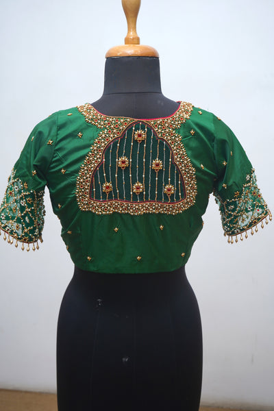 Sugar beads and kundan Stones On Dark Green  Silk Blouse