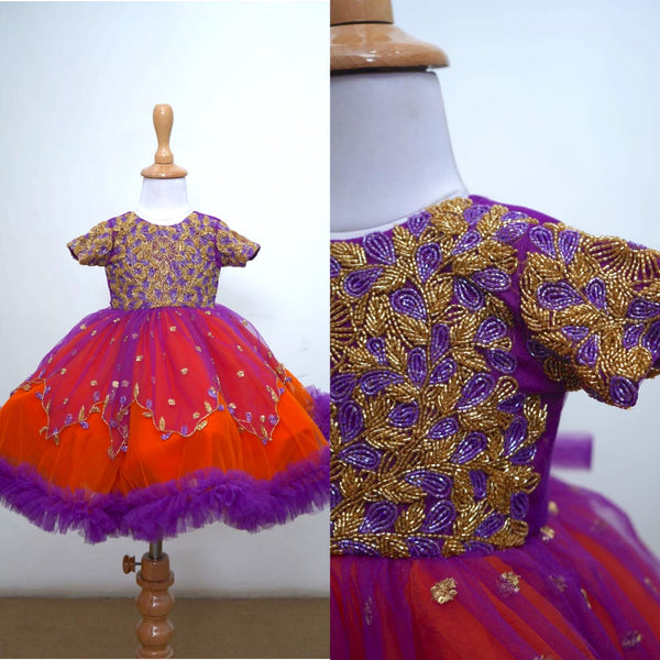 Cut Bead Yoke Embroidery On Red And Indigo Net Baby Dress