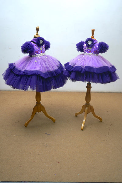 Lavender With Indigo Twin Baby Ball Gown With Yoke Embroidery