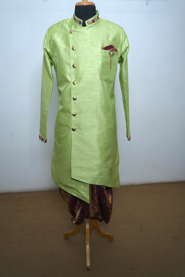 Grass Green Asymmetric Kurta With Panchakacham For Dad