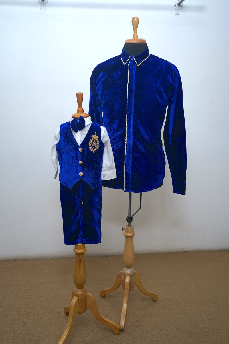 Royal Blue Velvet With Chest Embroidery Dad Son Combo