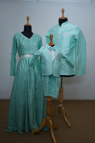 Aqua Green Raw Silk With Foil Pleated Family Combo