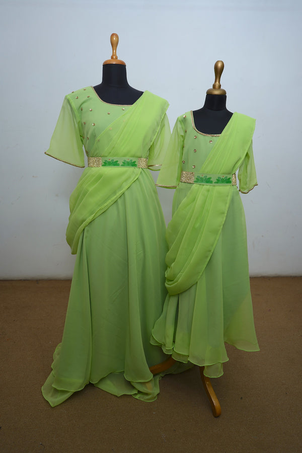 Grass Green Georgette Mom Daughter Combo