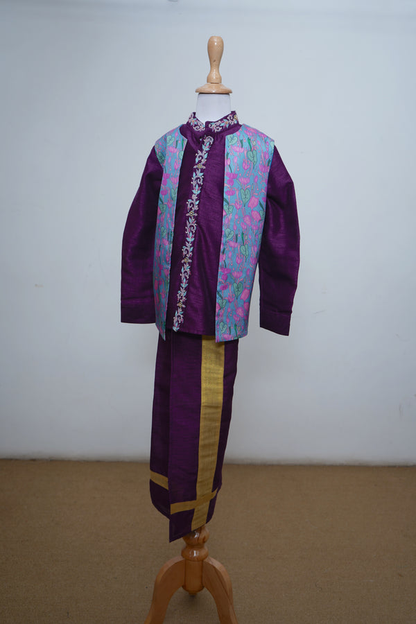 Violet Raw Silk With Kalamkari Traditional Embroidery Boy Suit