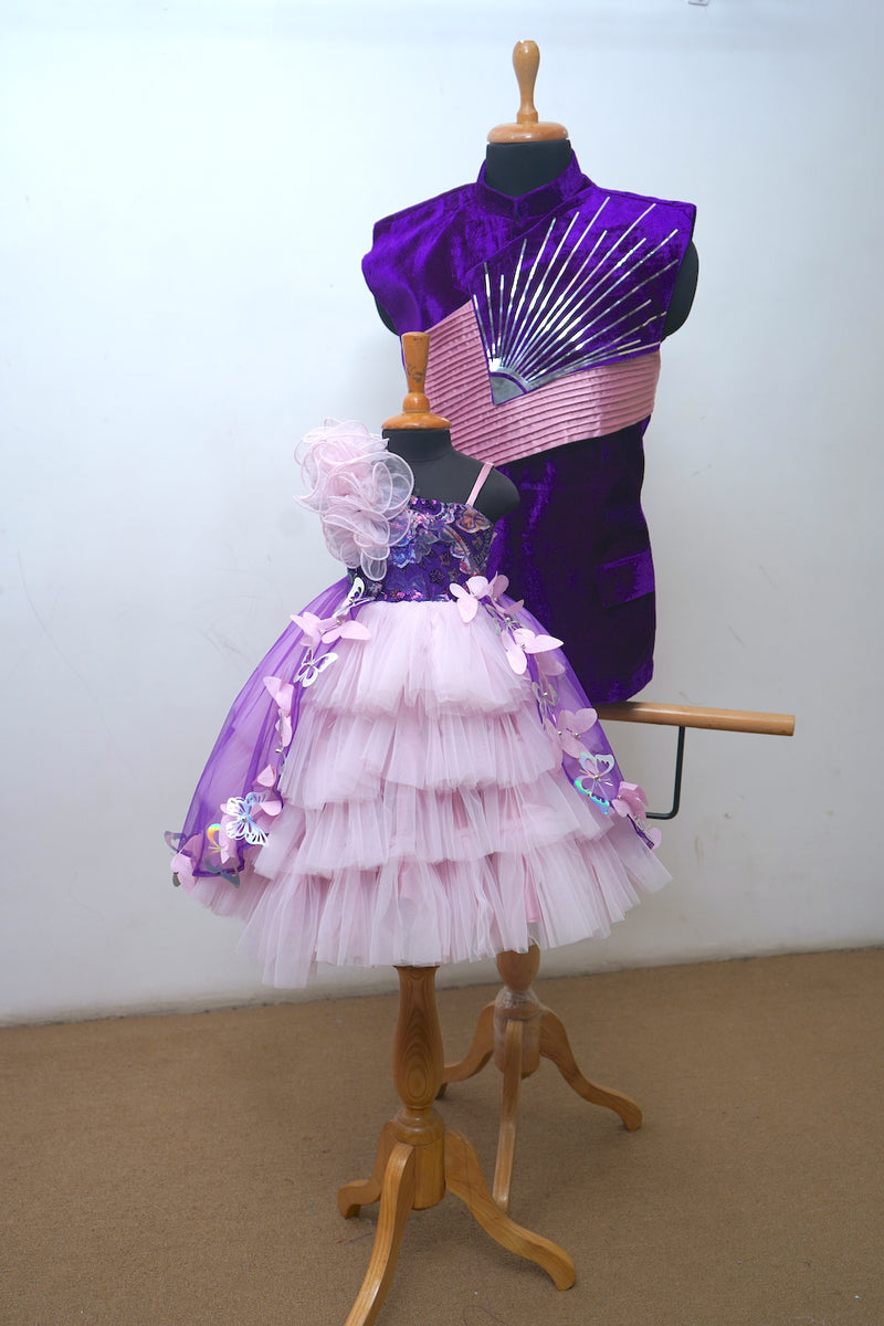 Butterfly Theme With Violet Net , Velvet And Baby Pink Net , Raw Silk Dad Daughter Combo
