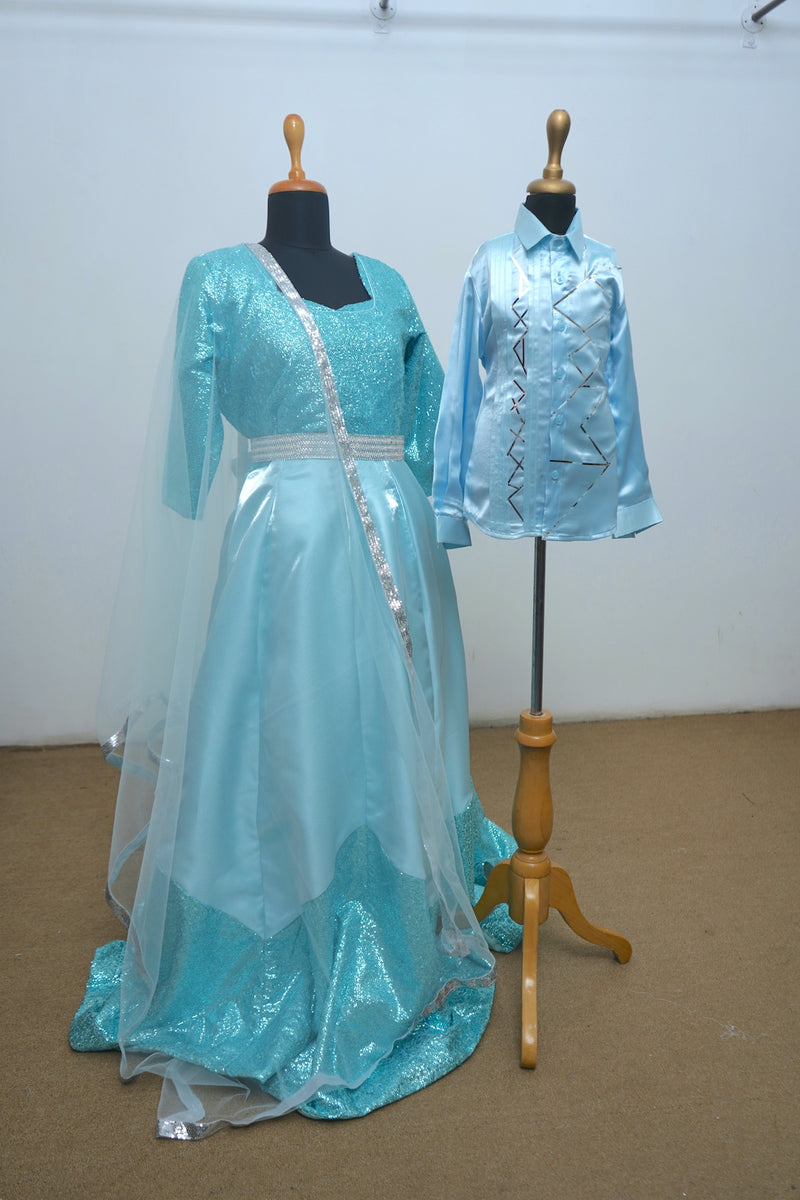 Arctic Blue With Sequin Net And Satin Mom Son Combo