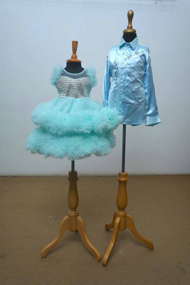 Arctic Blue With Frilled Net Baby Dress And Silver Foiled Satin Shirt Sibling Combo