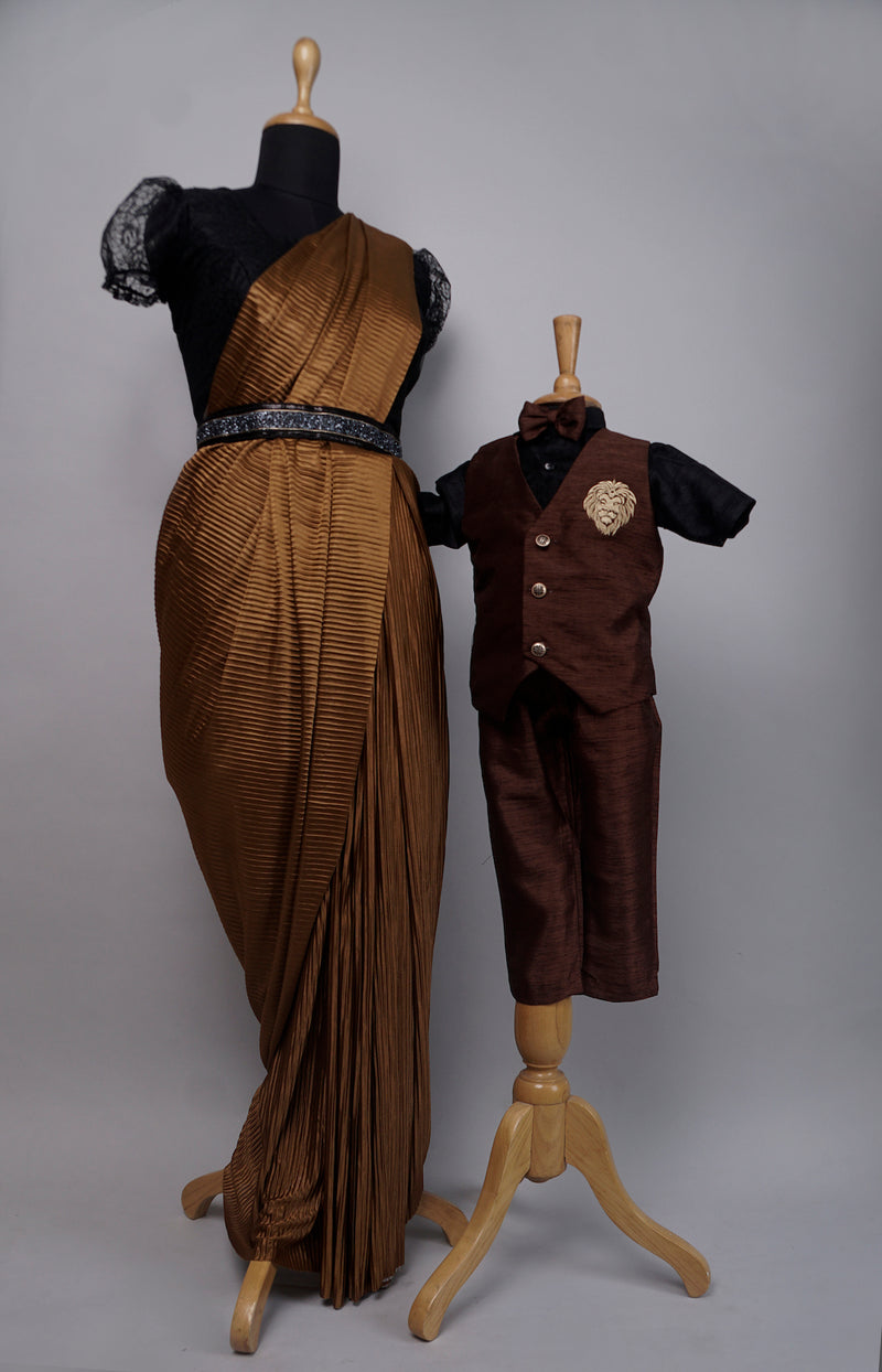Brown Foil Pleated Saree With Kid Waist Coat Set Mom Son Combo