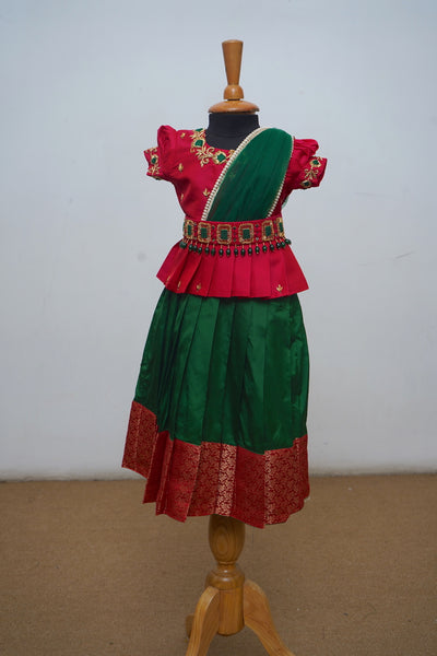 Dark Green Silk Cotton With Golden Aari Pink Pattu Pavada
