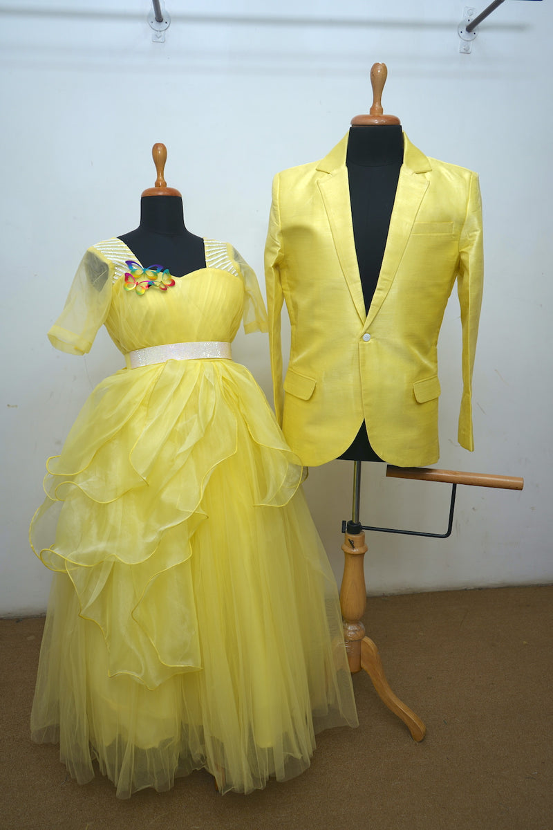 Yellow Organza With Raw Silk And Silver Stones Emphasis Couple Combo