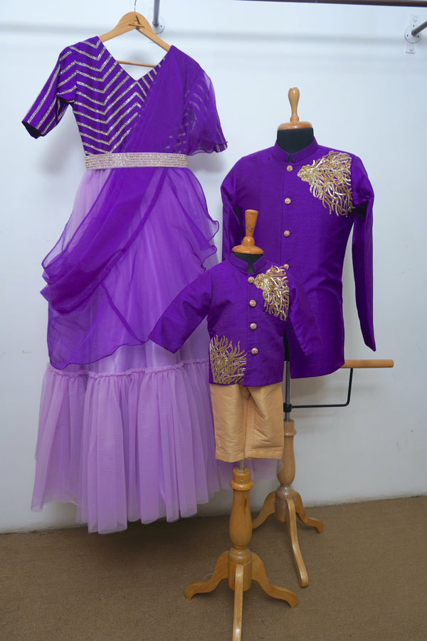 Violet Jodhpuri Set With Lavender Net Family Combo
