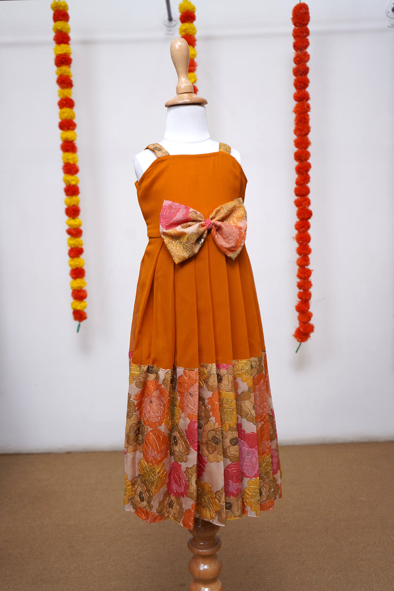 Mustard Yellow Georgette With Printed Organza Kid Dress