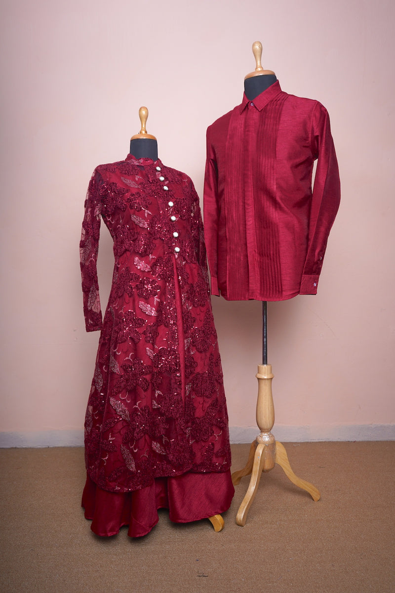 Red Wine Fancy Net With Red Wine Raw Silk Pleated Shirt Couple Clothing