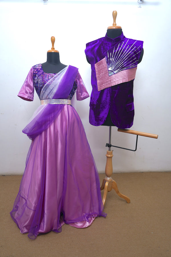 Violet Embroidered Net And Velvet With Baby Pink Raw Silk And Satin Couple Clothing