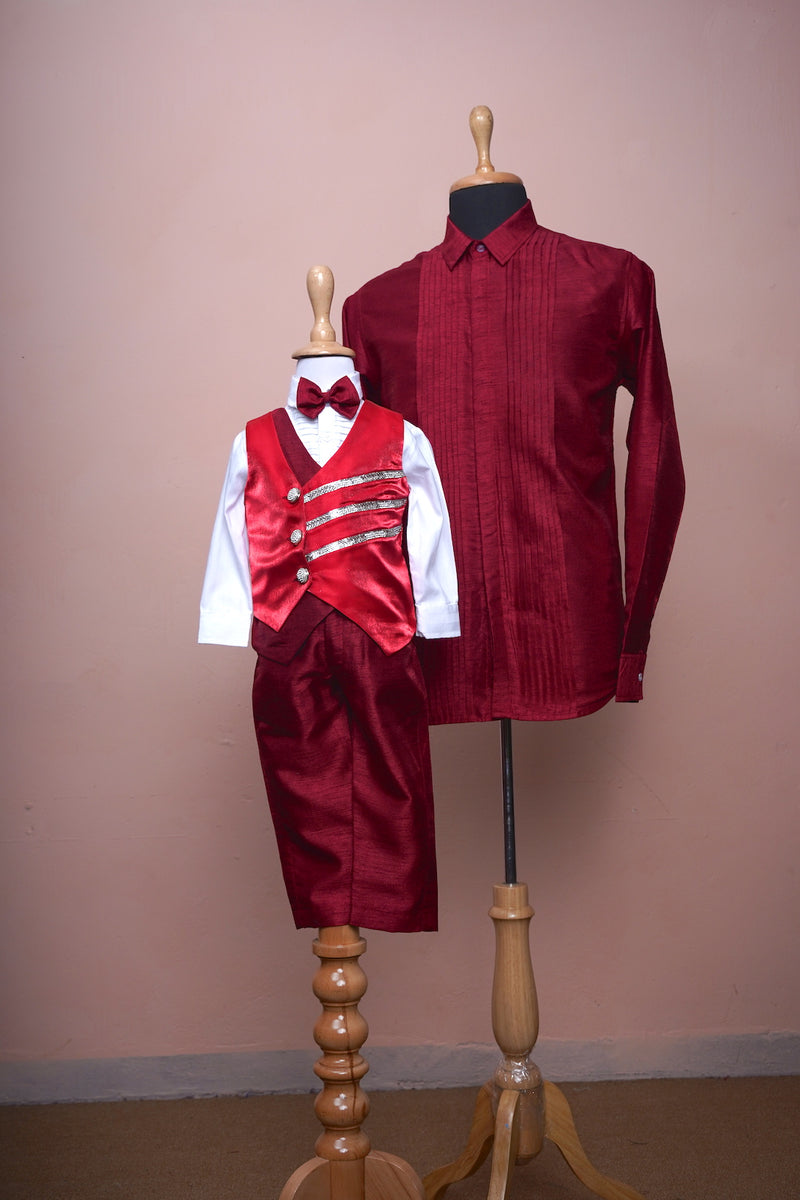 Red Wine Raw Silk Pleated Shirt With Satin Dad-Son Combo