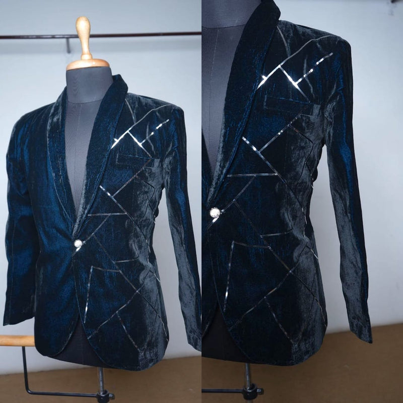 Black Velvet Blazer With Silver Foil For Dad