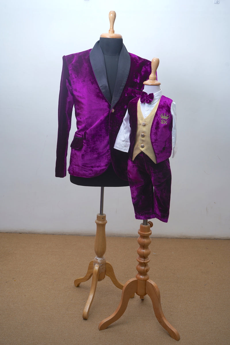 Violet Velvet With Golden Emblishment With Golden Raw Silk Dad Son Combo