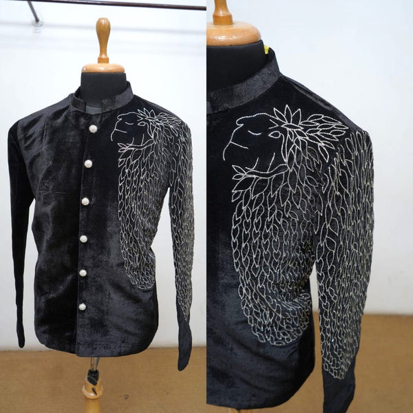 Black Velvet Jodhpuri Suit With Silver Emphasis For Dad