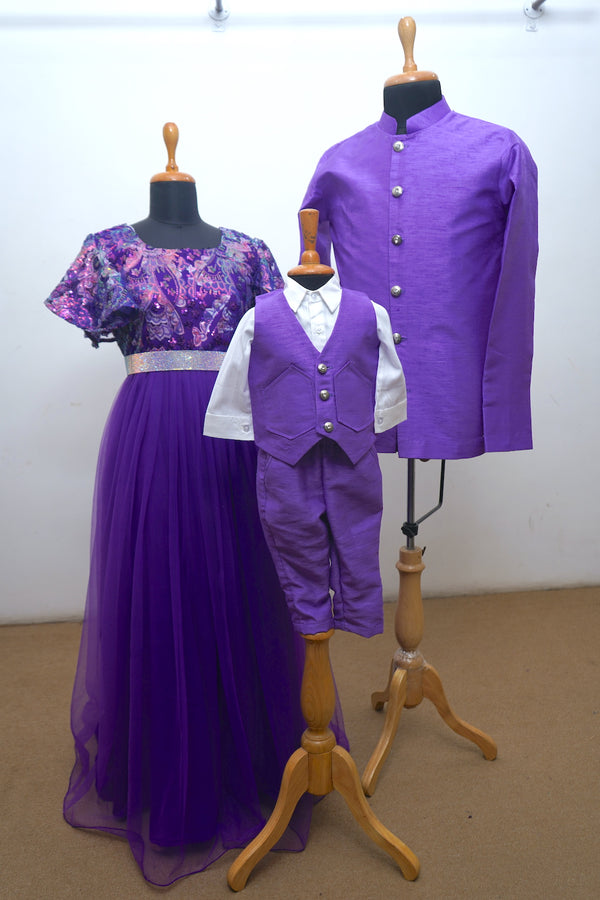 Violet Embroidered Net With Raw Silk Family Combo