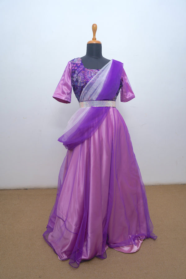 Violet Embroidered Net With baby Pink Satin Indo Western Mom Dress