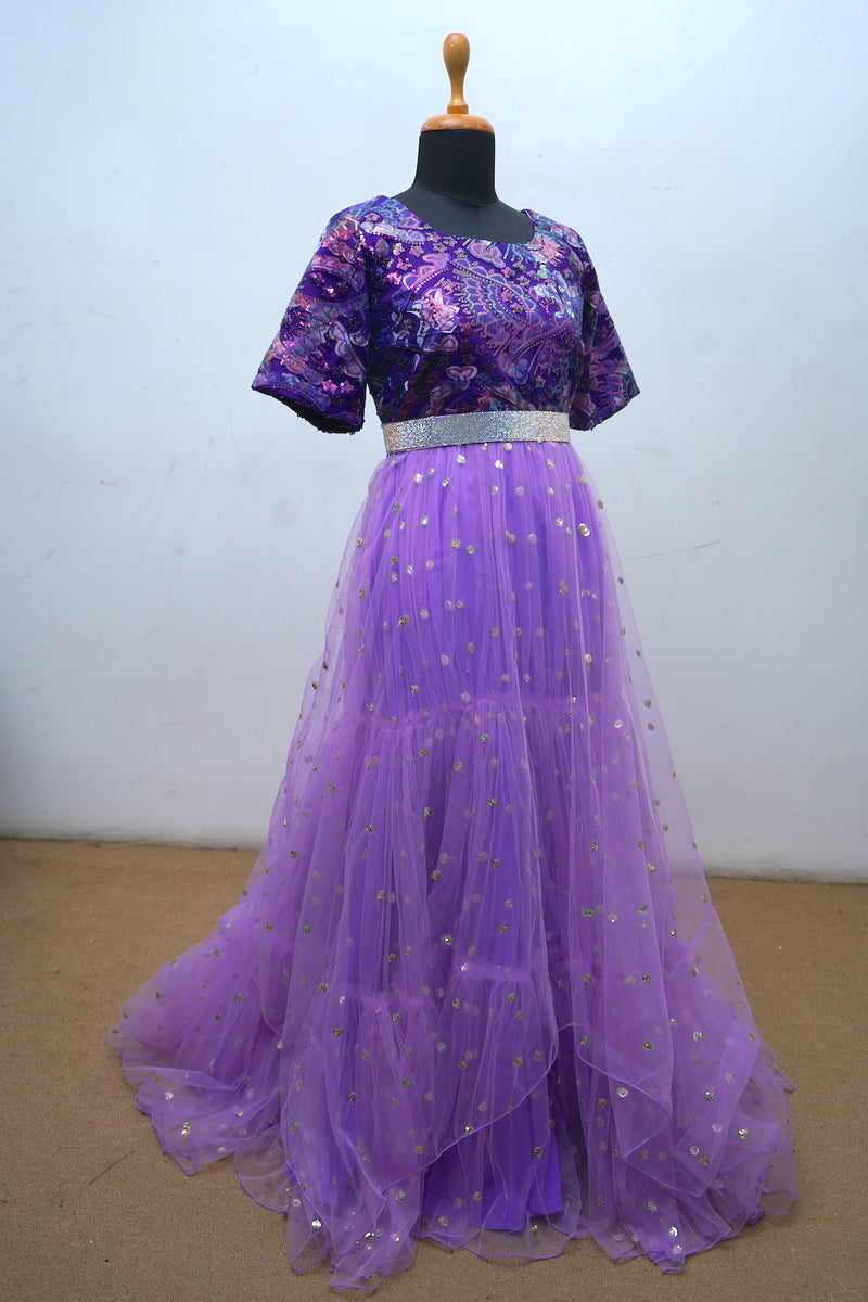 Indigo Fancy Embroidery Net With Lavender Butta Net Mom Dress