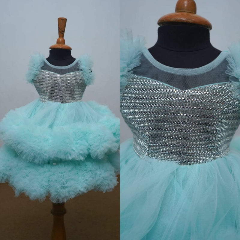 Sky Blue Frilled Ball Gown With Silver Stones