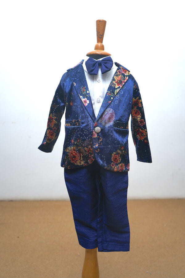 Navy Blue Printed Velvet Son Suit