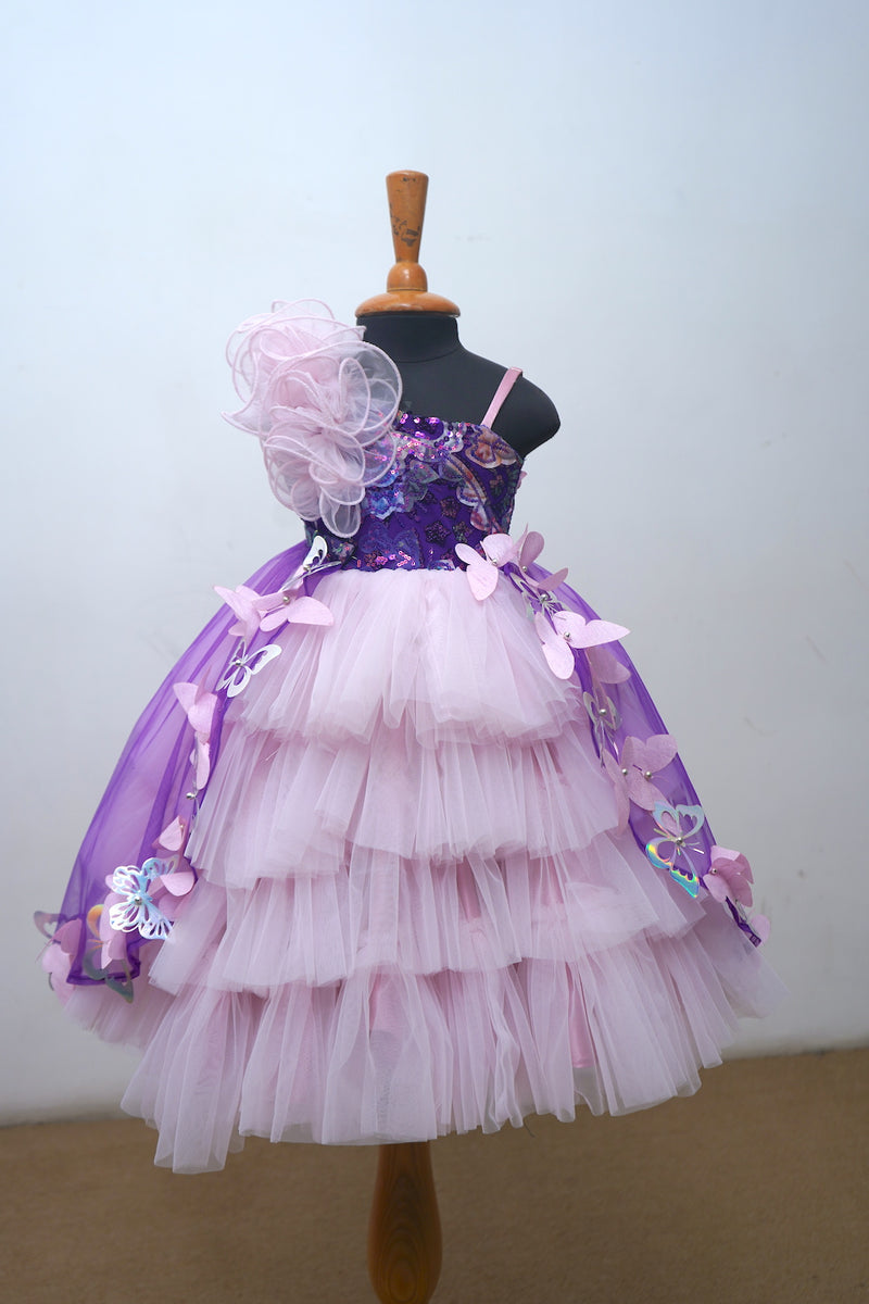 Butterfly Theme With Violet Net And Baby Pink Net Ball Gown