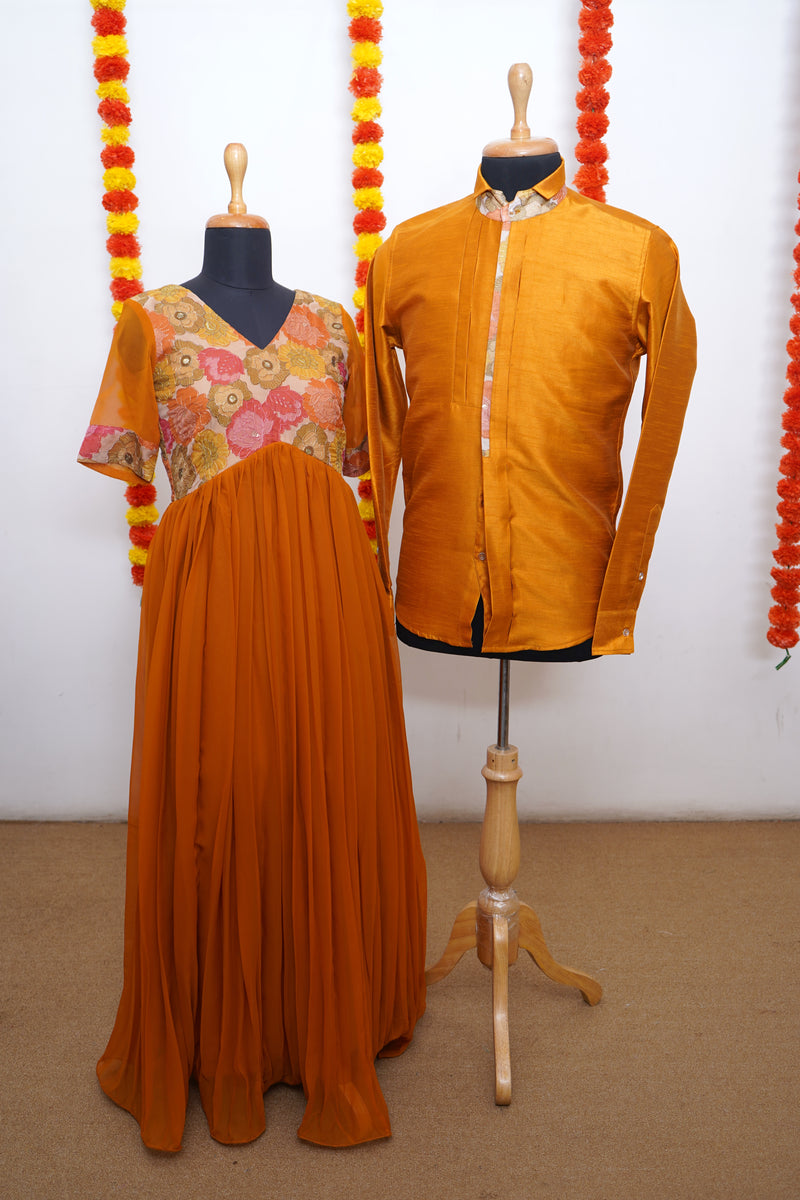 Mustard Yellow Georgette With Printed organza And Raw Silk Couple Combo
