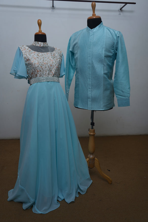 Sea Blue Raw Silk And Georgette With Brocade Couple Clothing