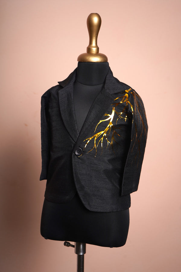 Black Raw Silk With Golden Metallic Emphasis Kid Suit